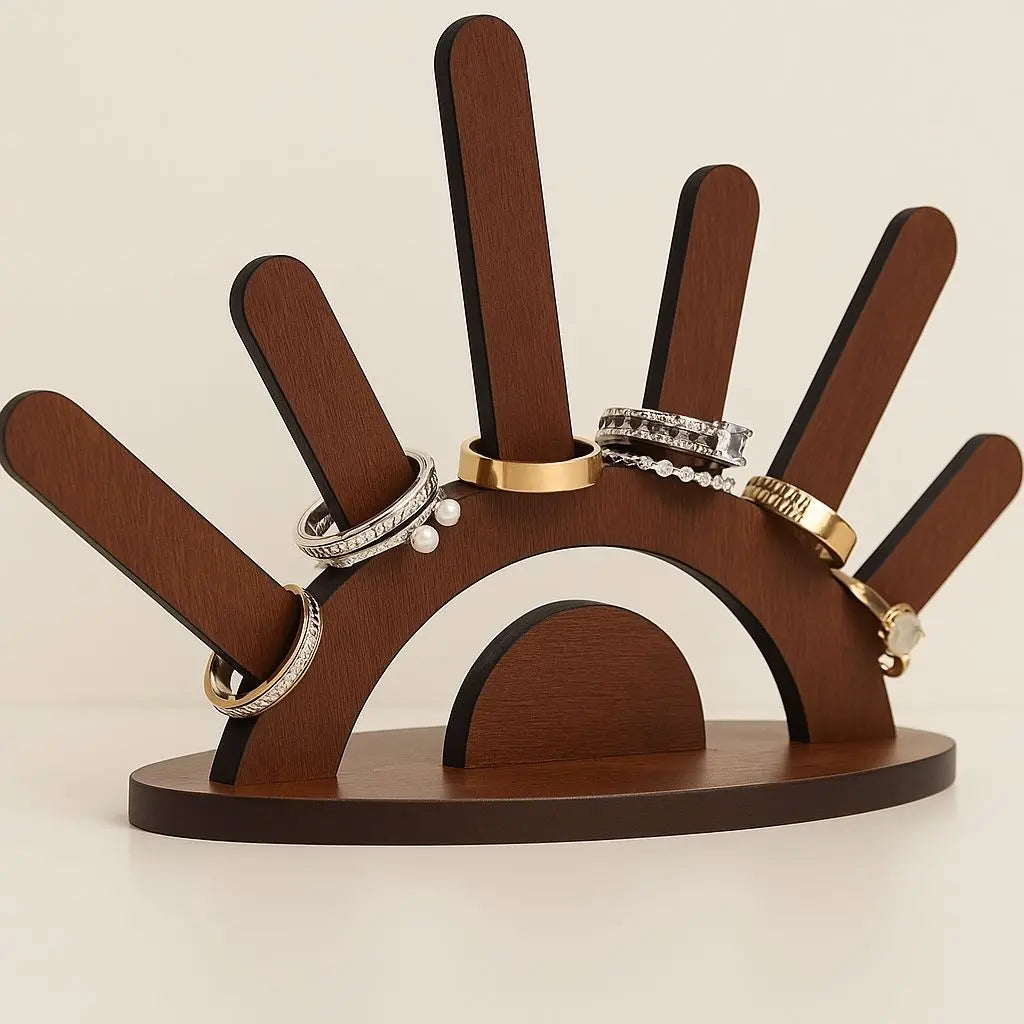 Sunburst wooden ring display stand - decorative jewelry organizer for vanity table decor