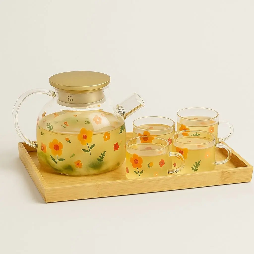 Borosilicate glass tea set with sunflower floral design heat resistant kettle and magnetic tea maker