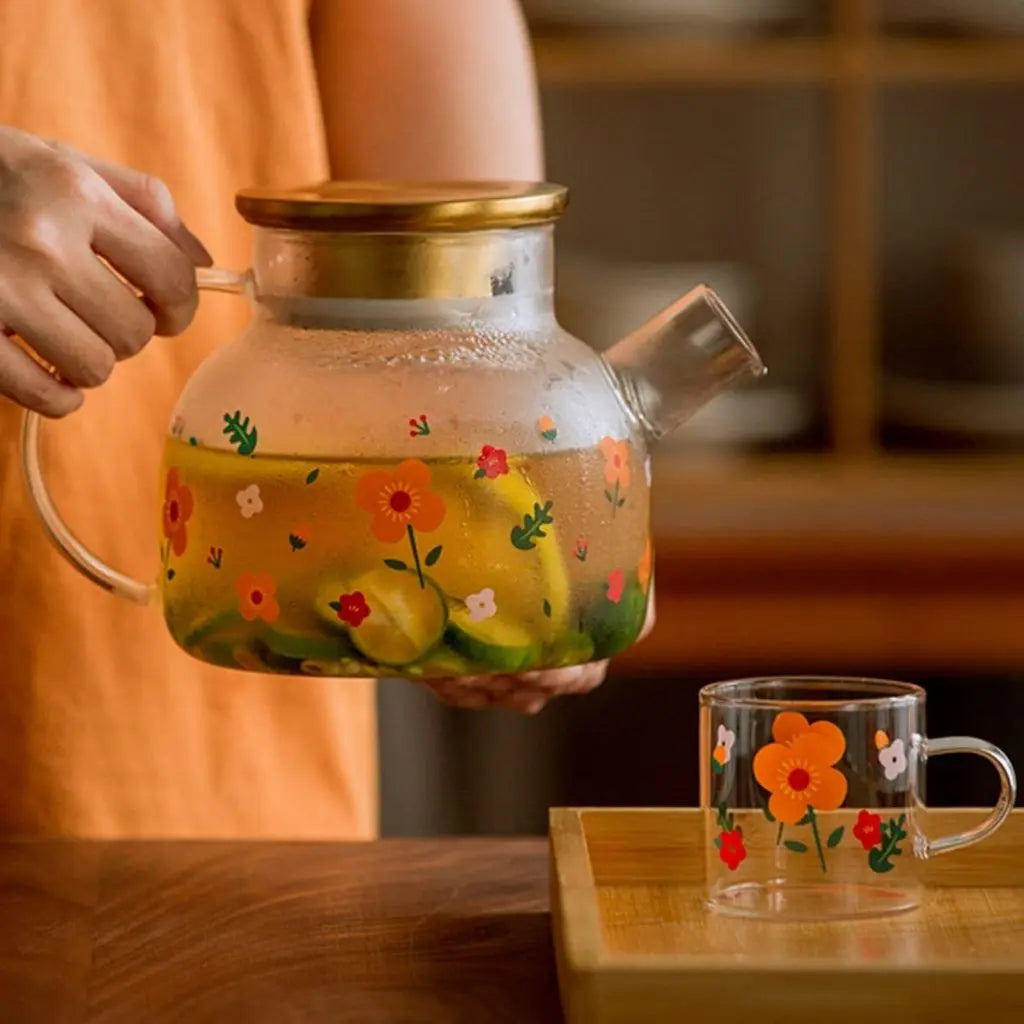 Heat resistant floral glass tea set with magnetic teapot and sunflower design kettle