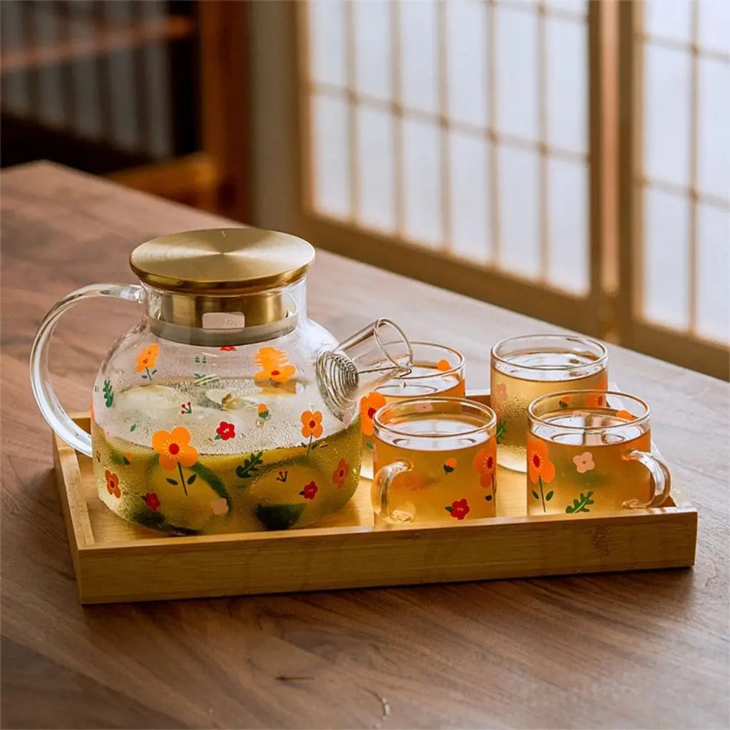Premium glass tea service featuring sunflower kettle and heat proof borosilicate teapot
