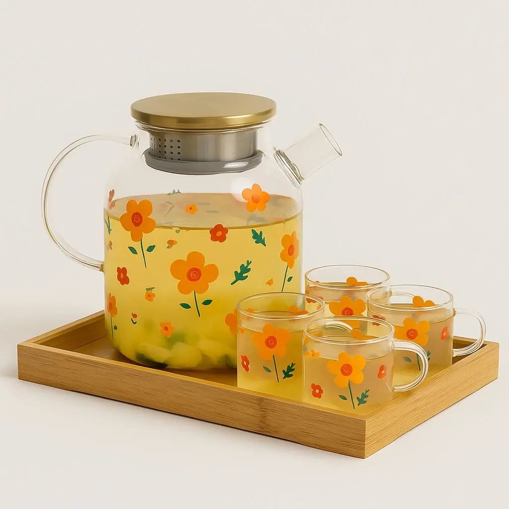 Artisan floral glass tea set with magnetic kettle and borosilicate teapot for home brewing