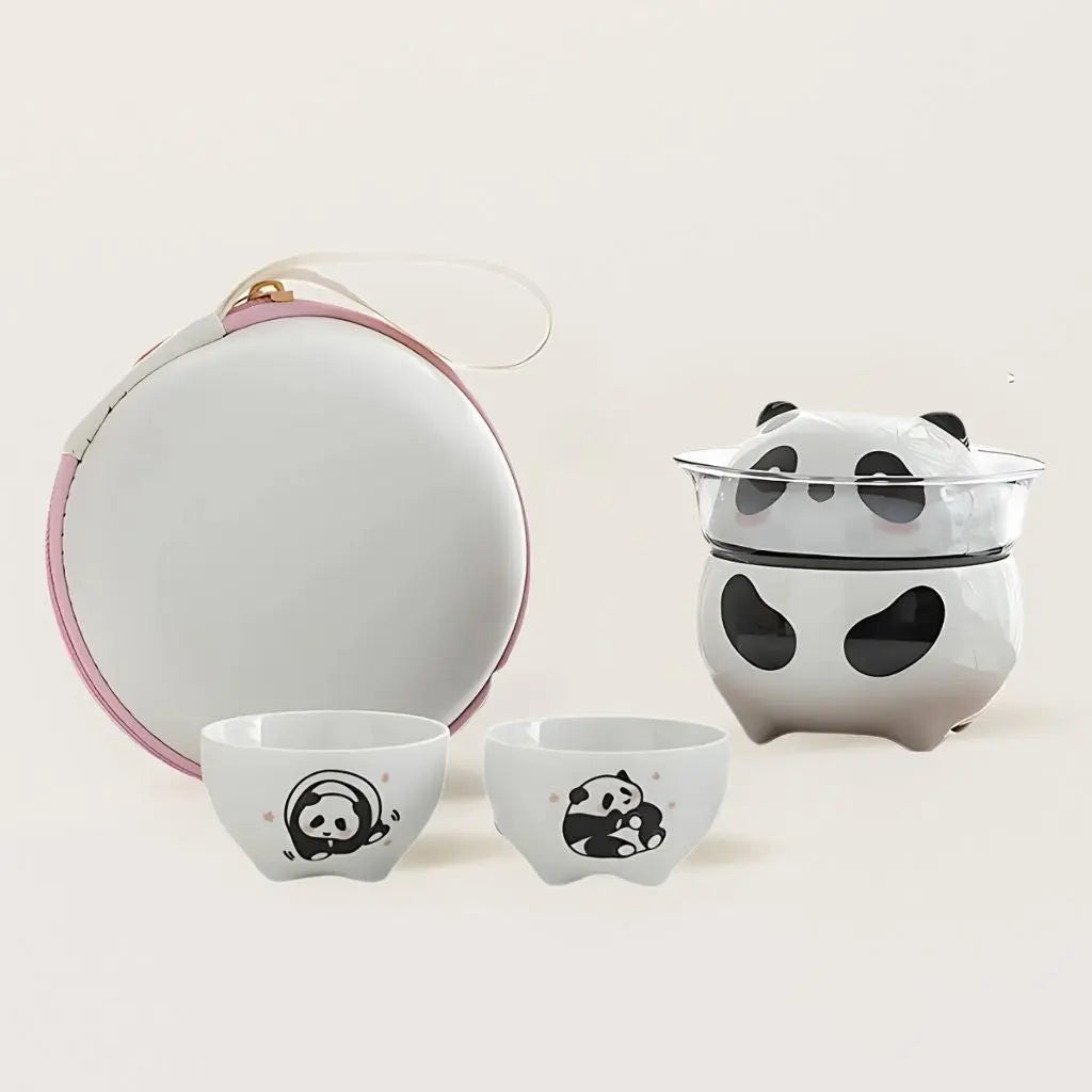 Complete ceramic tea kit with panda teapot master cup tasting cups and portable travel case for tea lovers