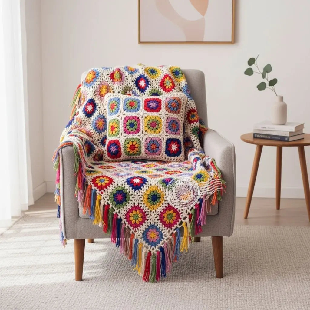 Hand crocheted blanket with vibrant floral motifs and colorful tassel edges for boho home decor