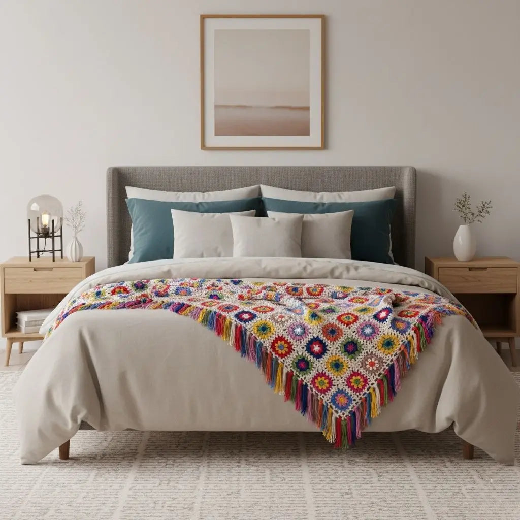 Crochet throw blanket featuring handmade floral patterns and decorative tassel fringe edges