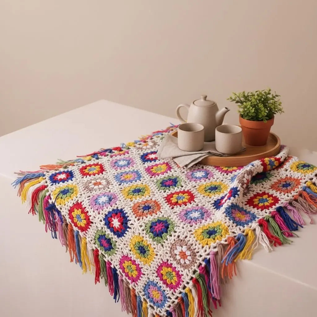 Plush crochet blanket with intricate colorful yarn patterns and soft handcrafted texture