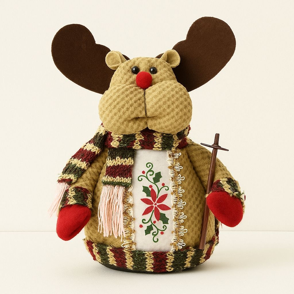 Flannel holiday decoration with embroidered festive pattern on white surface
