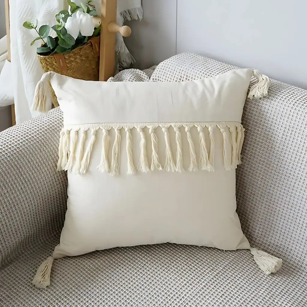 Textured boho pillow covers featuring handcrafted tassels for bohemian bedroom decor