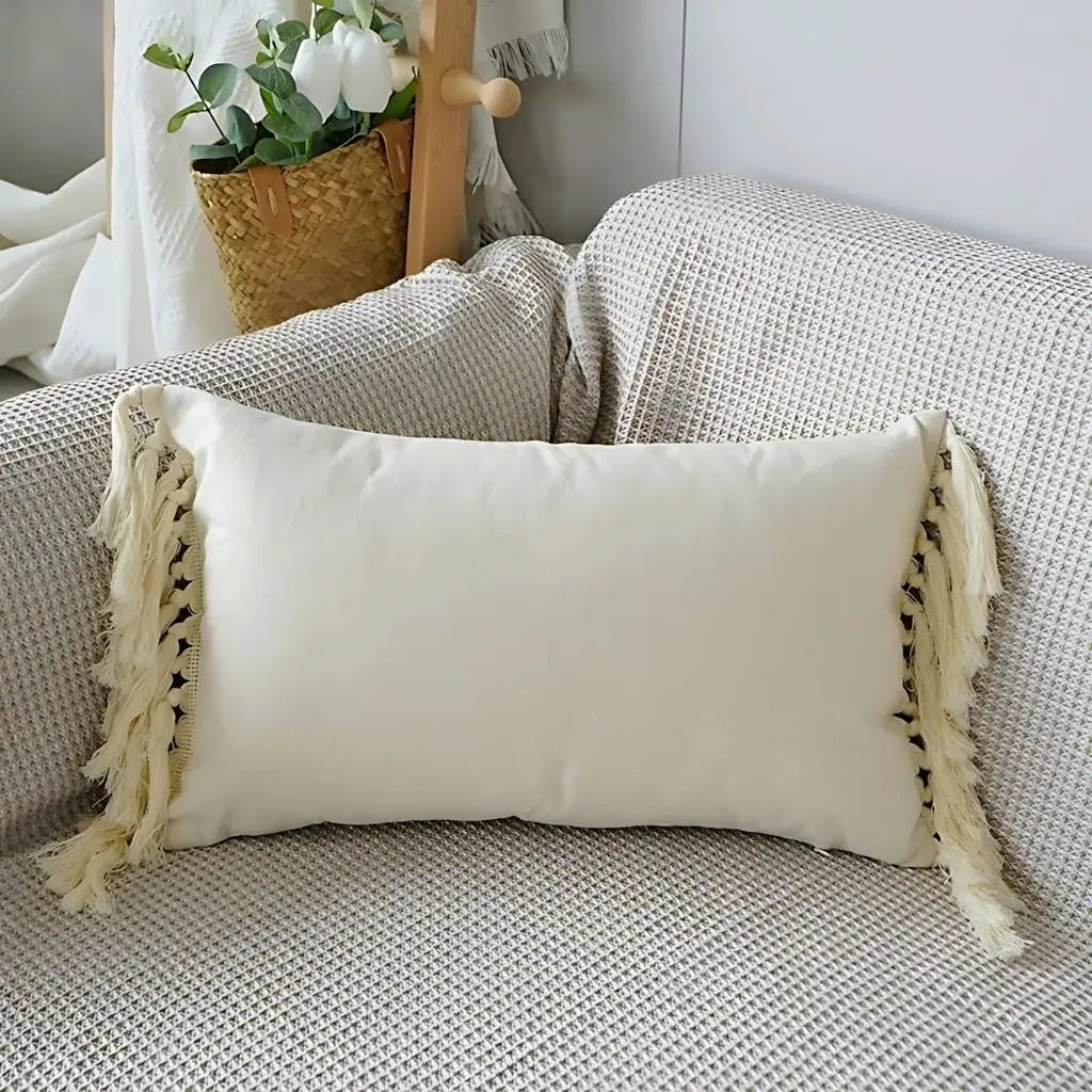 Tufted boho pillowcase collection with decorative tassels in neutral tones for modern bedrooms