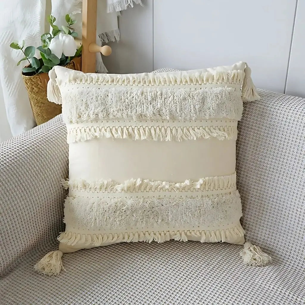Bohemian tassel pillowcase with handwoven tufted details for authentic bedroom decor