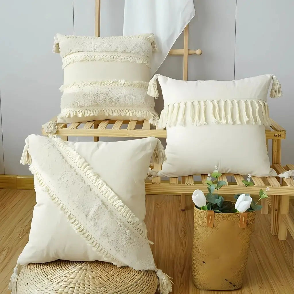 Tufted tassel pillowcase in neutral boho bedding collection with decorative woven accents