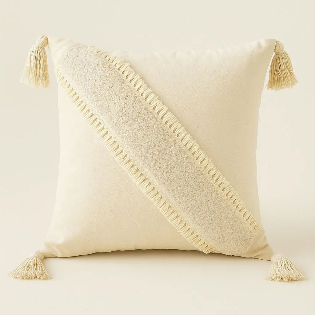 Boho tufted pillowcase with tassel details for decorative bedroom styling and comfort