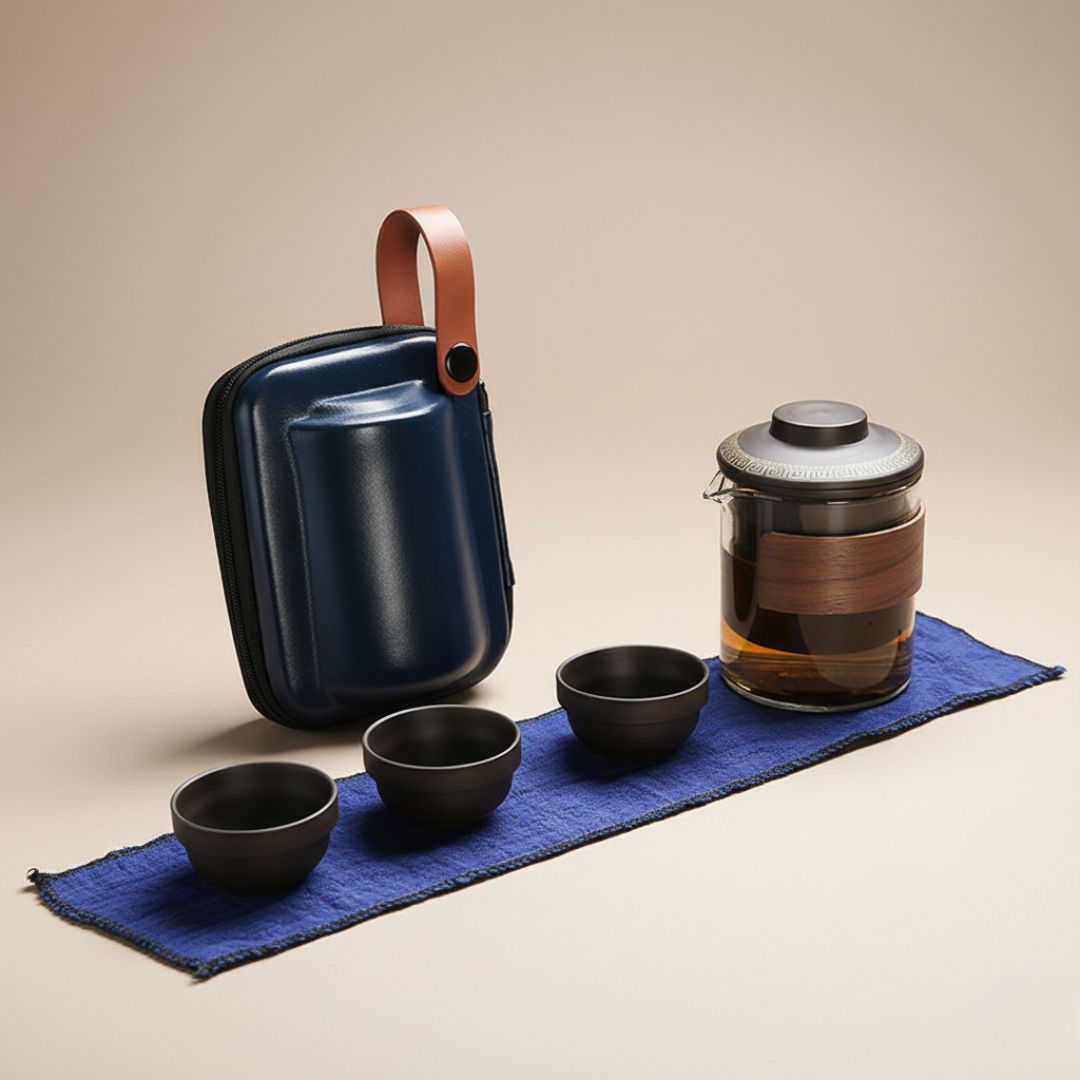 Portable kung fu tea set with purple sand teapot and cups in compact travel case