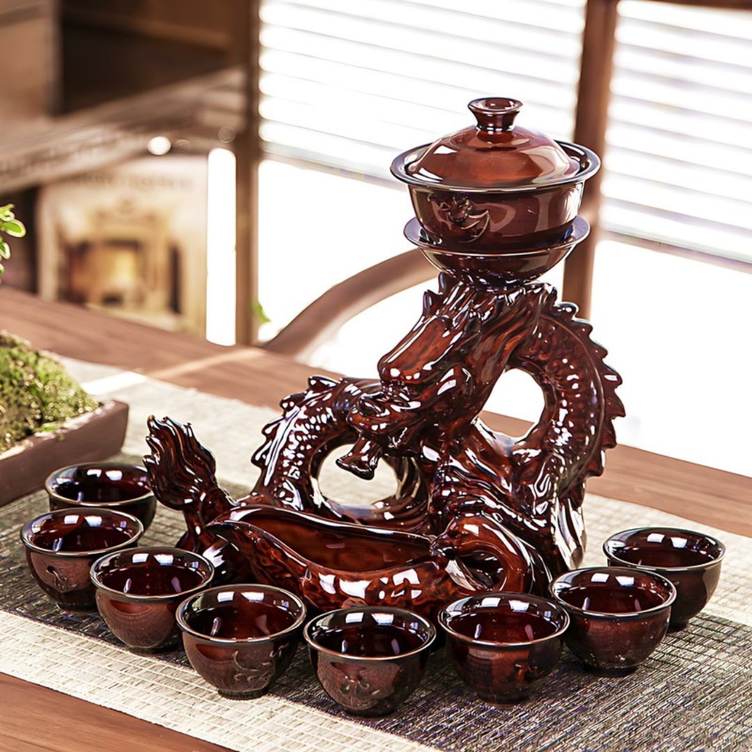Porcelain gaiwan and dragon tea ceremony set for authentic Chinese tea brewing