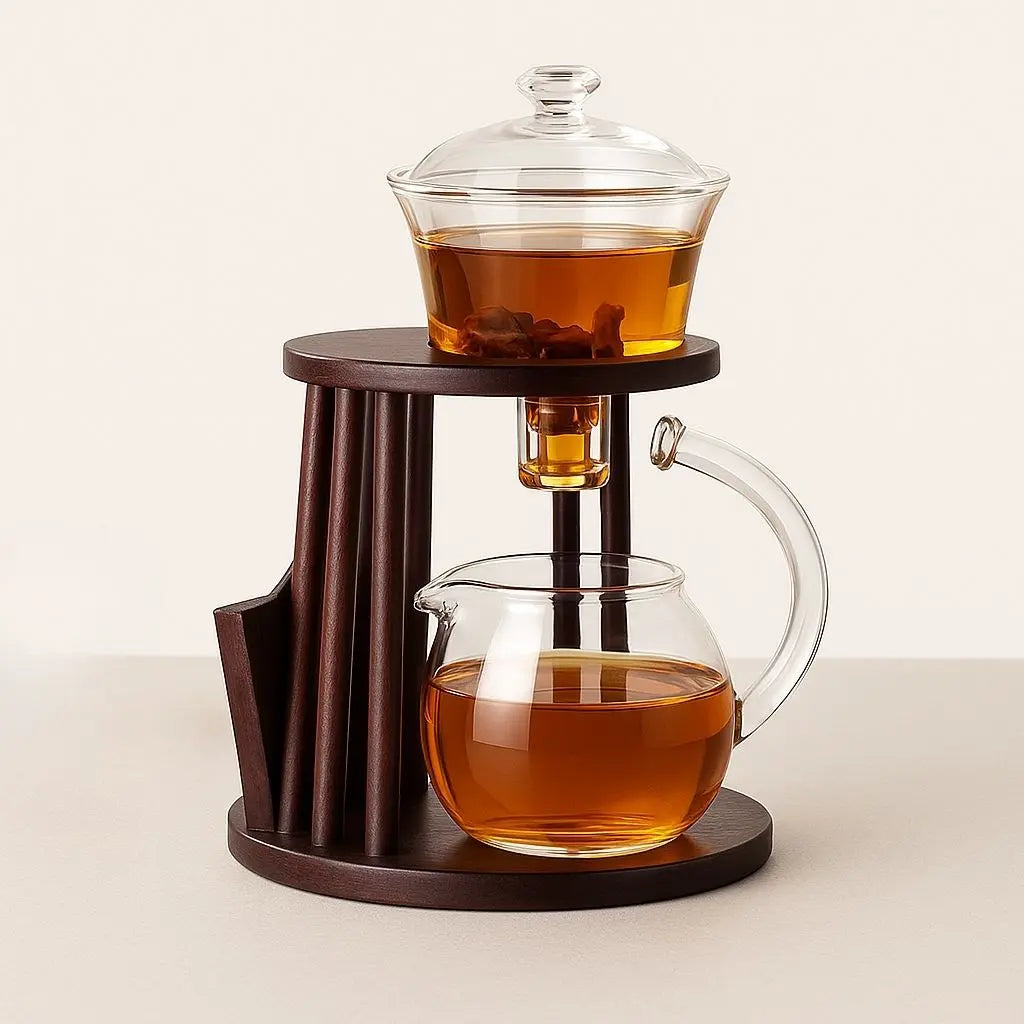 Tea-making set with glass teapot and clear container on a wooden stand.