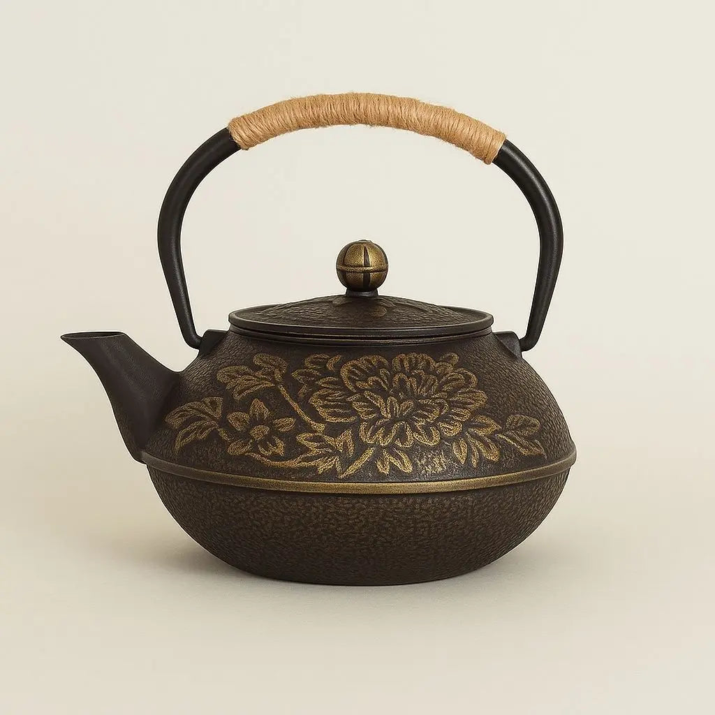 Handmade cast iron teapot with intricate floral patterns and rope-wrapped handle for traditional tea brewing