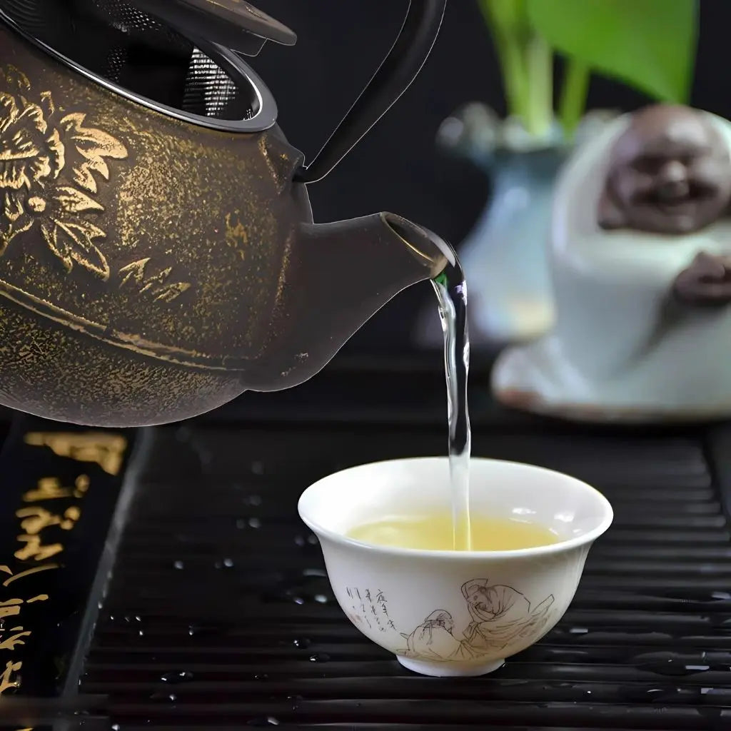 Cast iron kettle with rope-wrapped insulated handle designed for safe and comfortable tea pouring