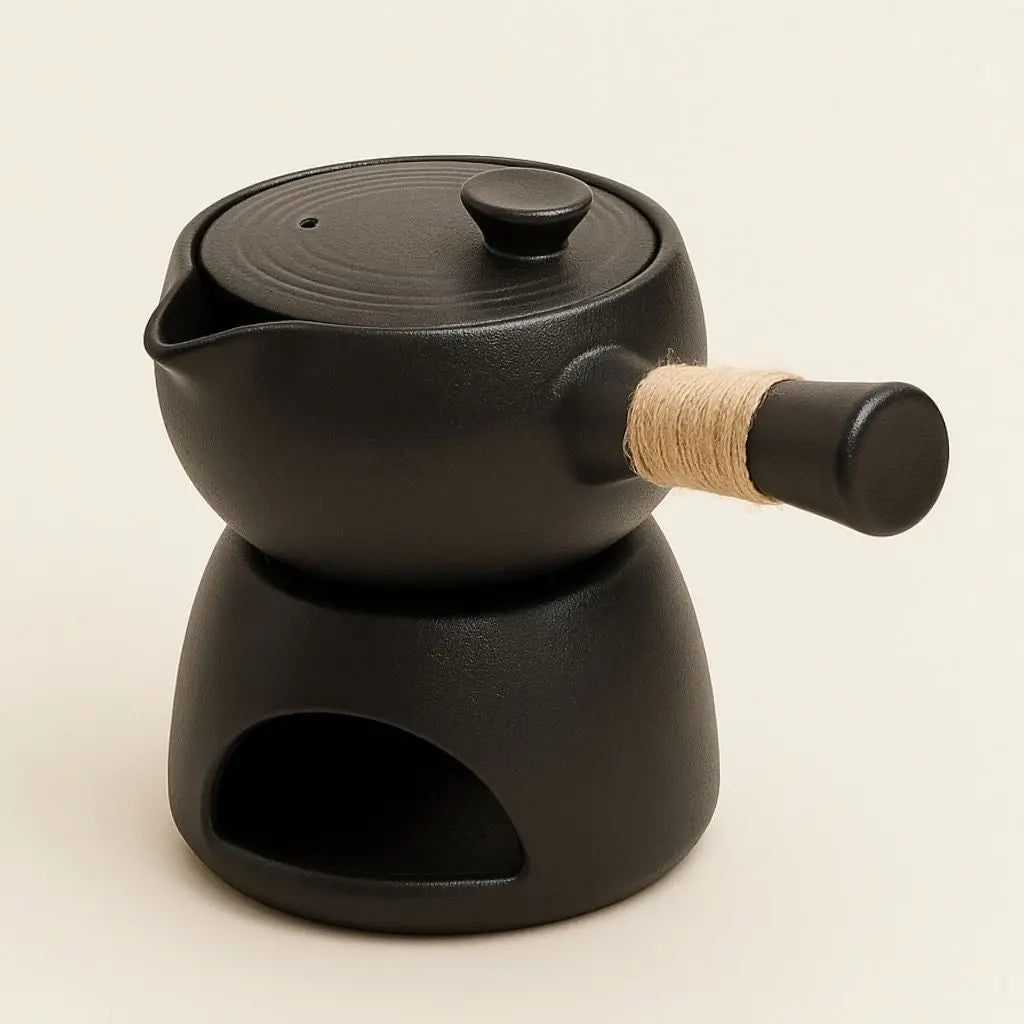 Ceramic side-handle teapot with textured stoneware finish and earthy tones for traditional tea service