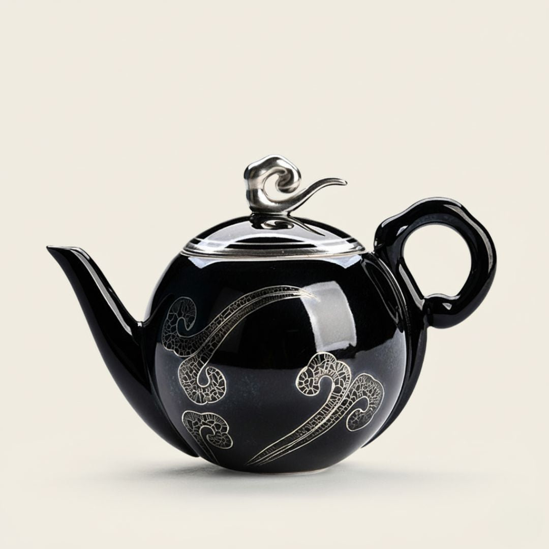 Black ceramic teapot with silver cloud pattern for loose leaf tea brewing 245ml