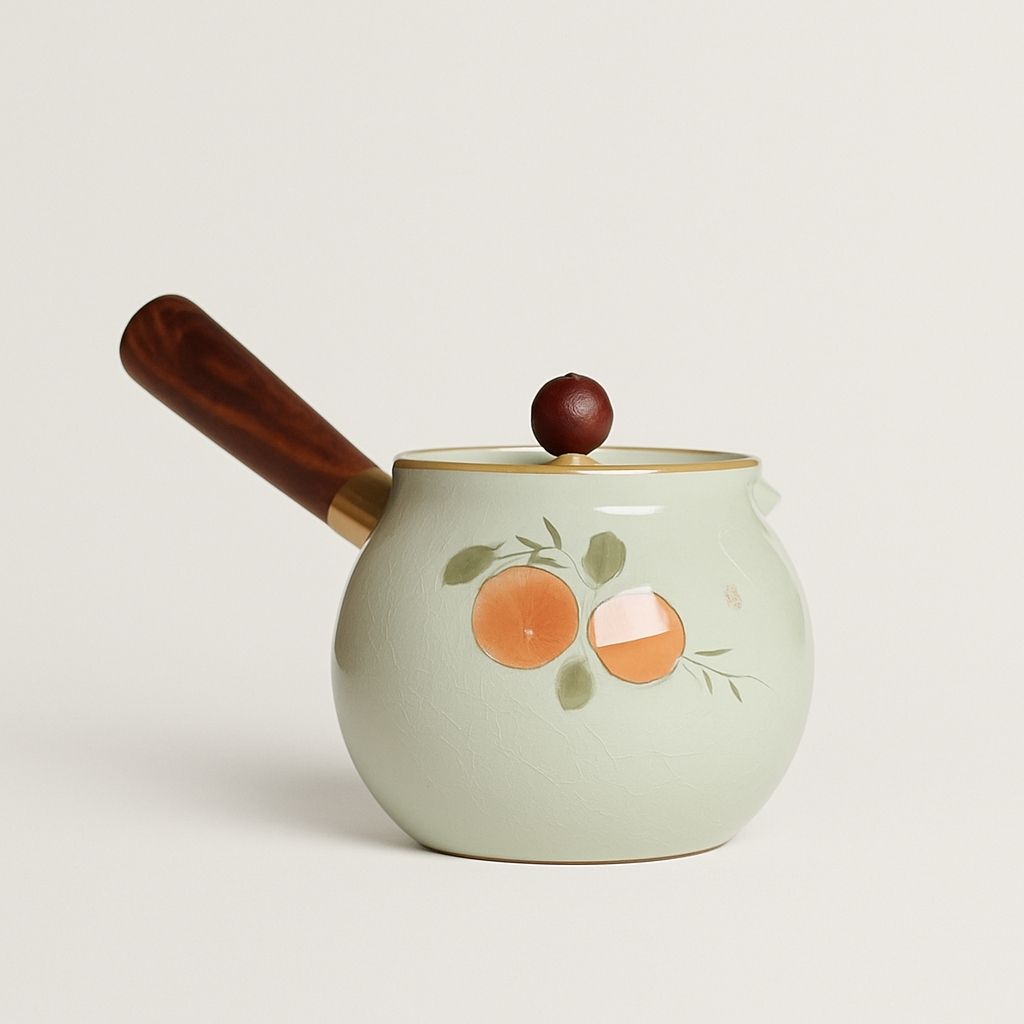 Side handle ceramic teapot with crackle finish and natural wood accents