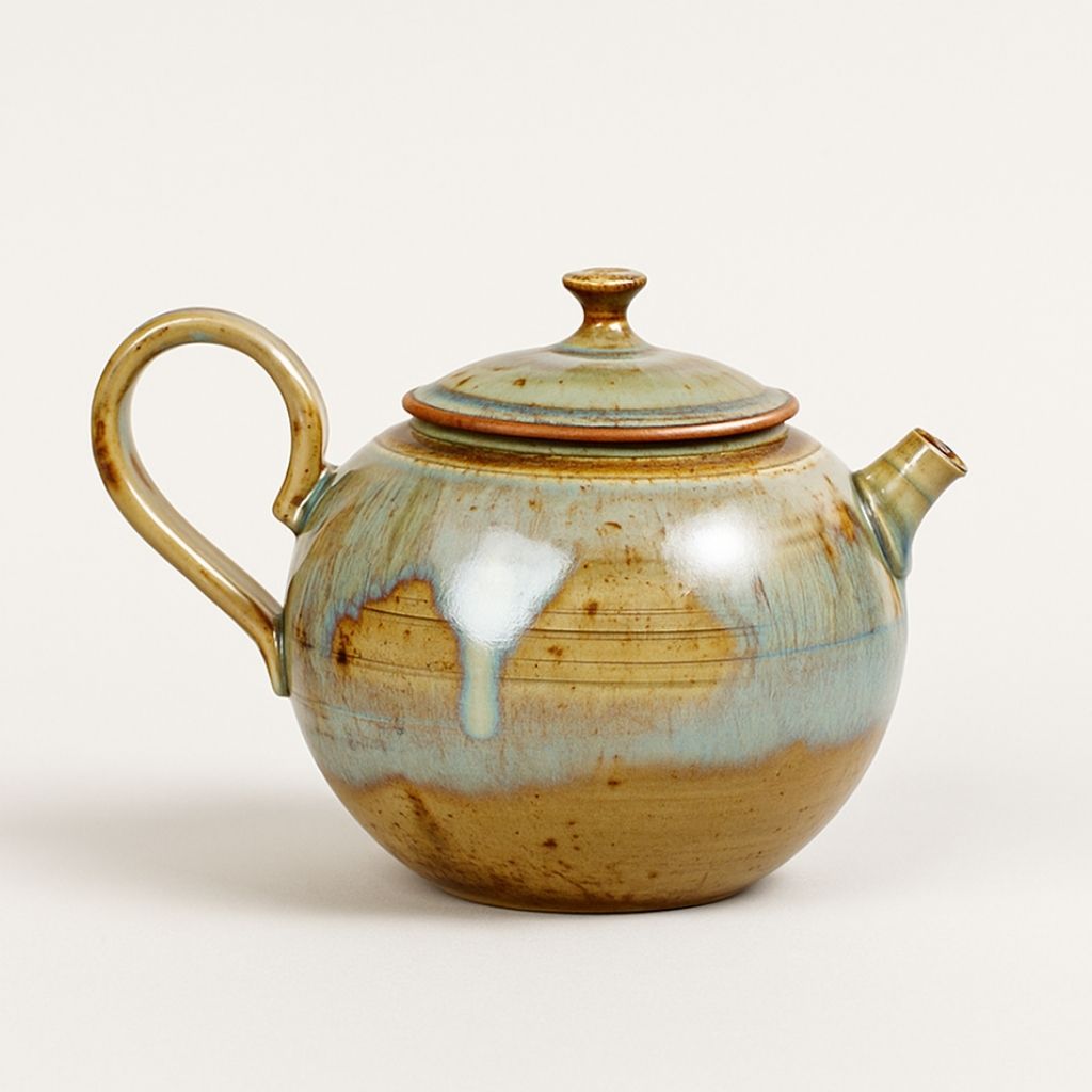 Handmade ceramic teapot with multicolor glazed finish and rounded body on white background