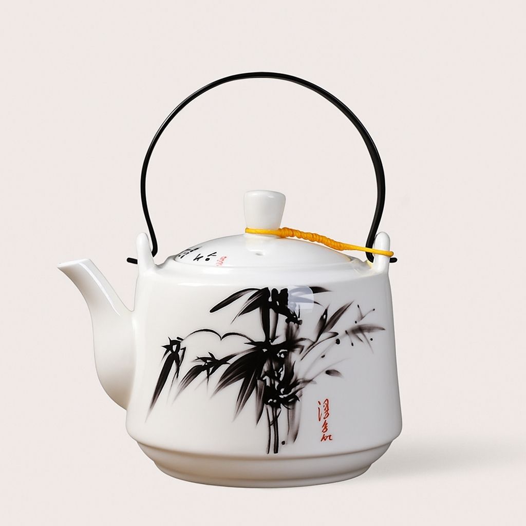 Ceramic teapot top view showing wide opening and fitted lid with knob