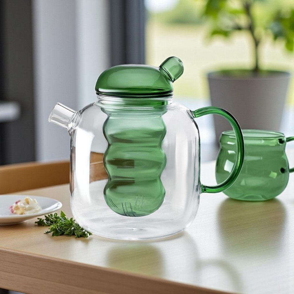 Borosilicate glass teapot with ergonomic handle and internal strainer for tea