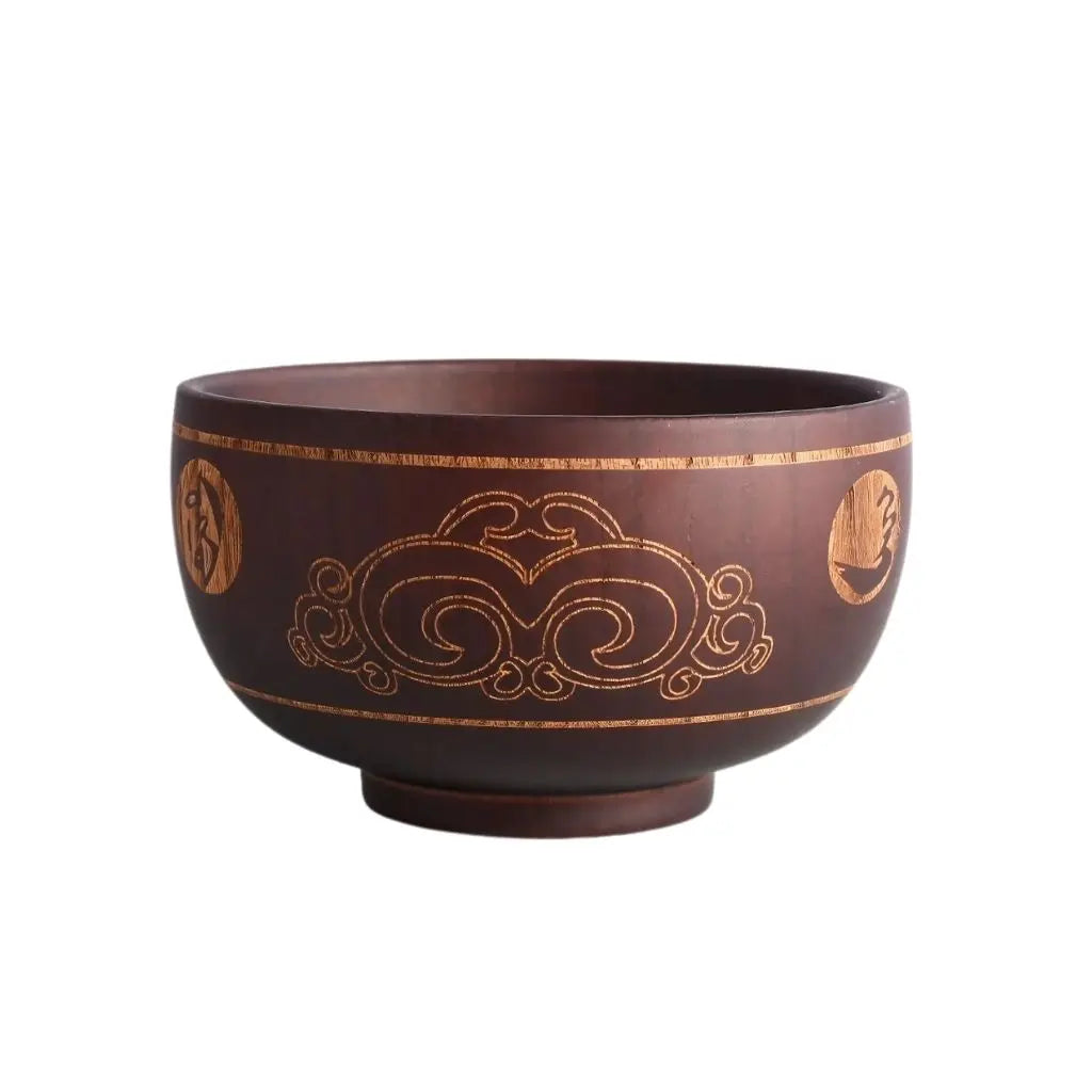 Wooden bowl with Good Luck and Auspicious Clouds patterns, ethnic serving dish with cultural symbols