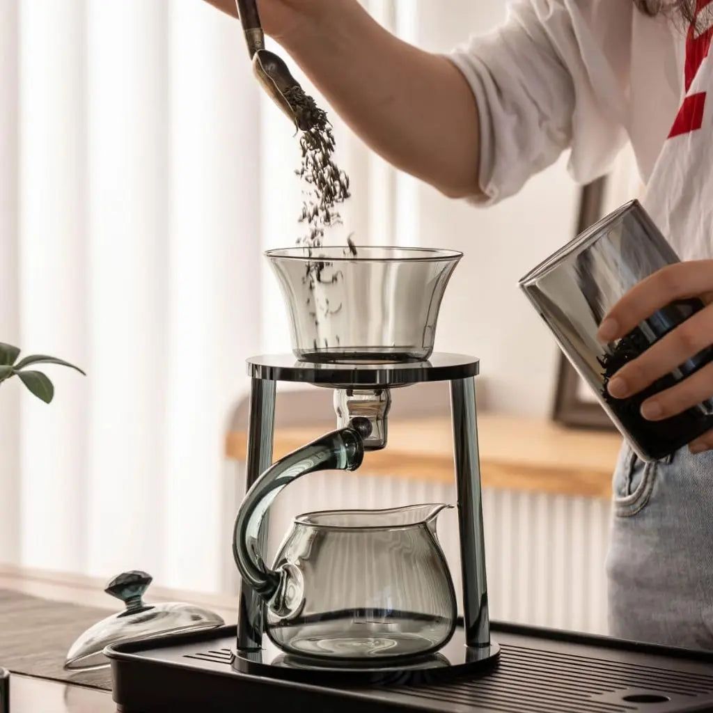 Modern vertical tea maker with glass infuser set smoky gray finish heat resistant brewing pot