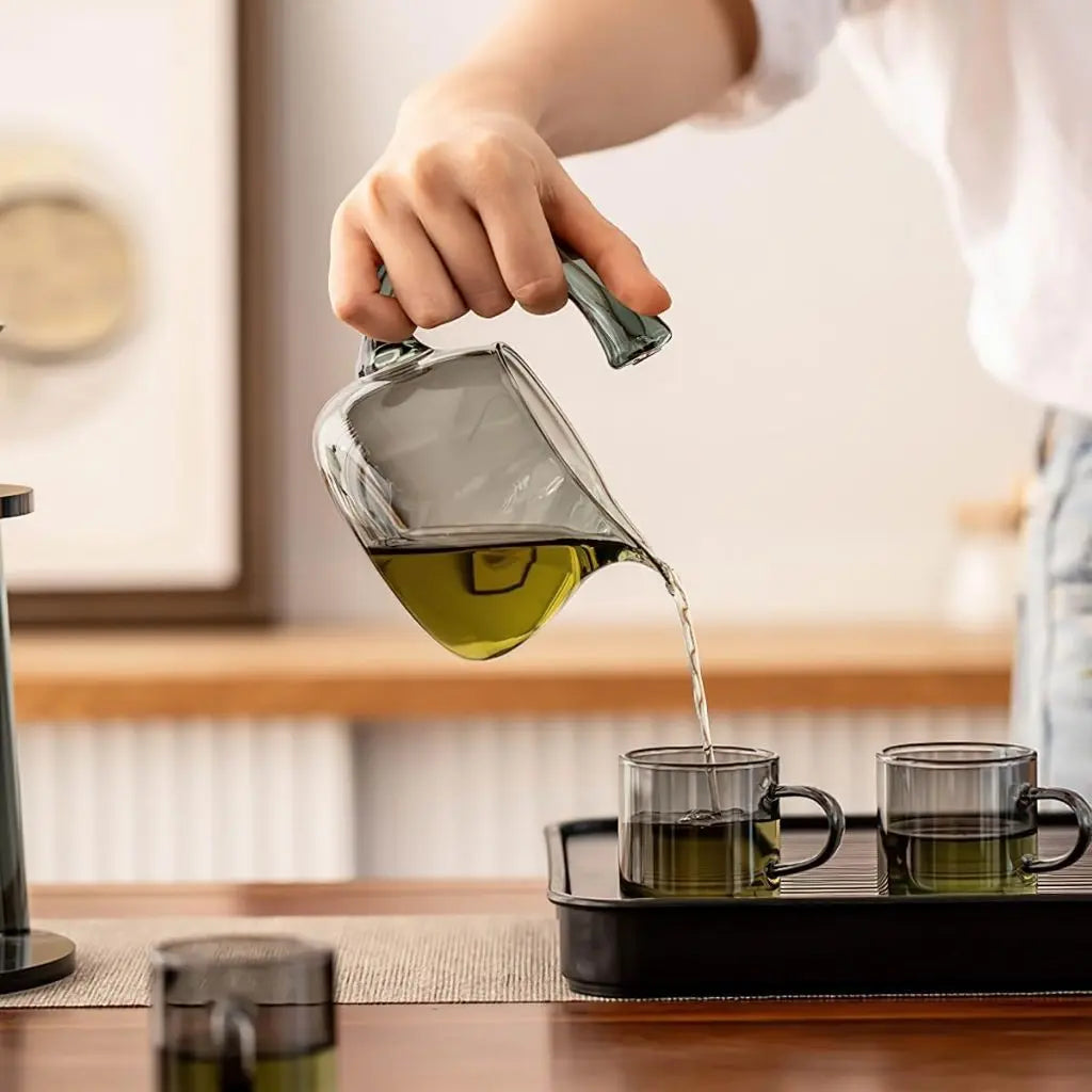 Automatic glass tea infuser set vertical stand smoky gray borosilicate heat resistant teapot