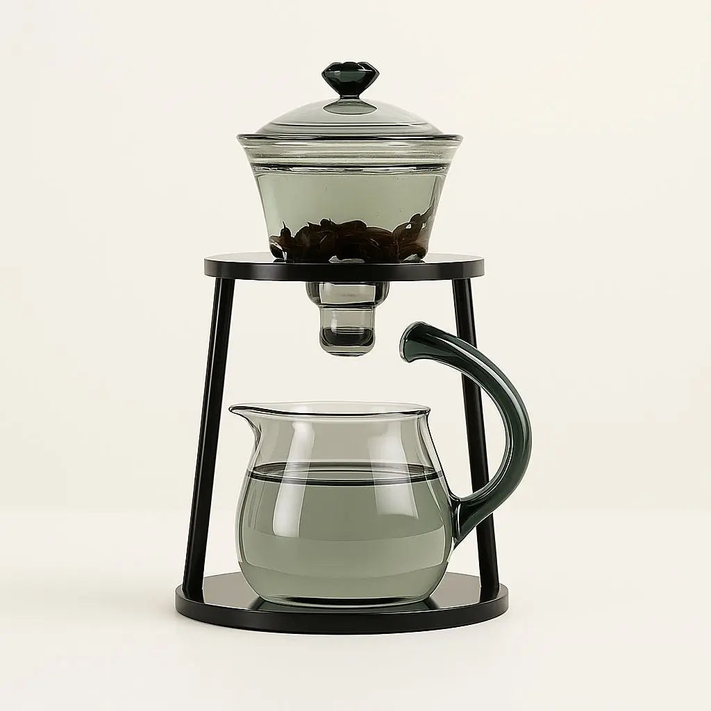 Glass tea set with vertical infuser smoky gray heat resistant borosilicate automatic brewing system