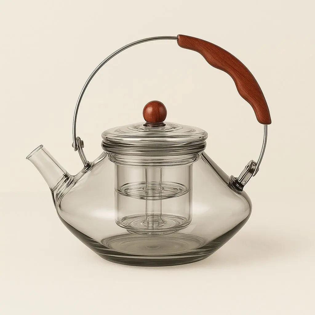Clear glass teapot with a wooden handle and lid knob on a beige background