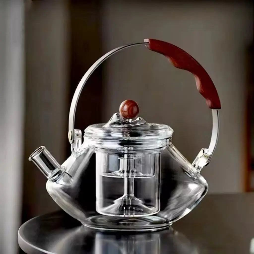 Borosilicate glass teapot with infuser - stovetop safe loose leaf tea maker with wooden handle