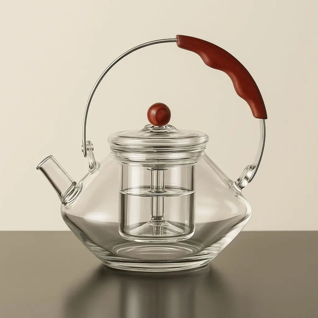 Clear glass teapot 750ml - heat resistant tea infuser with wooden knob for loose leaf brewing