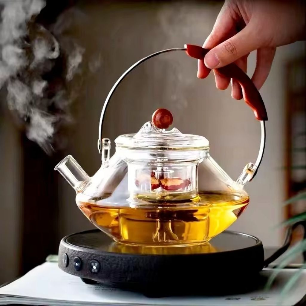 Borosilicate teapot with wooden accents - heat resistant glass tea infuser for loose leaf tea