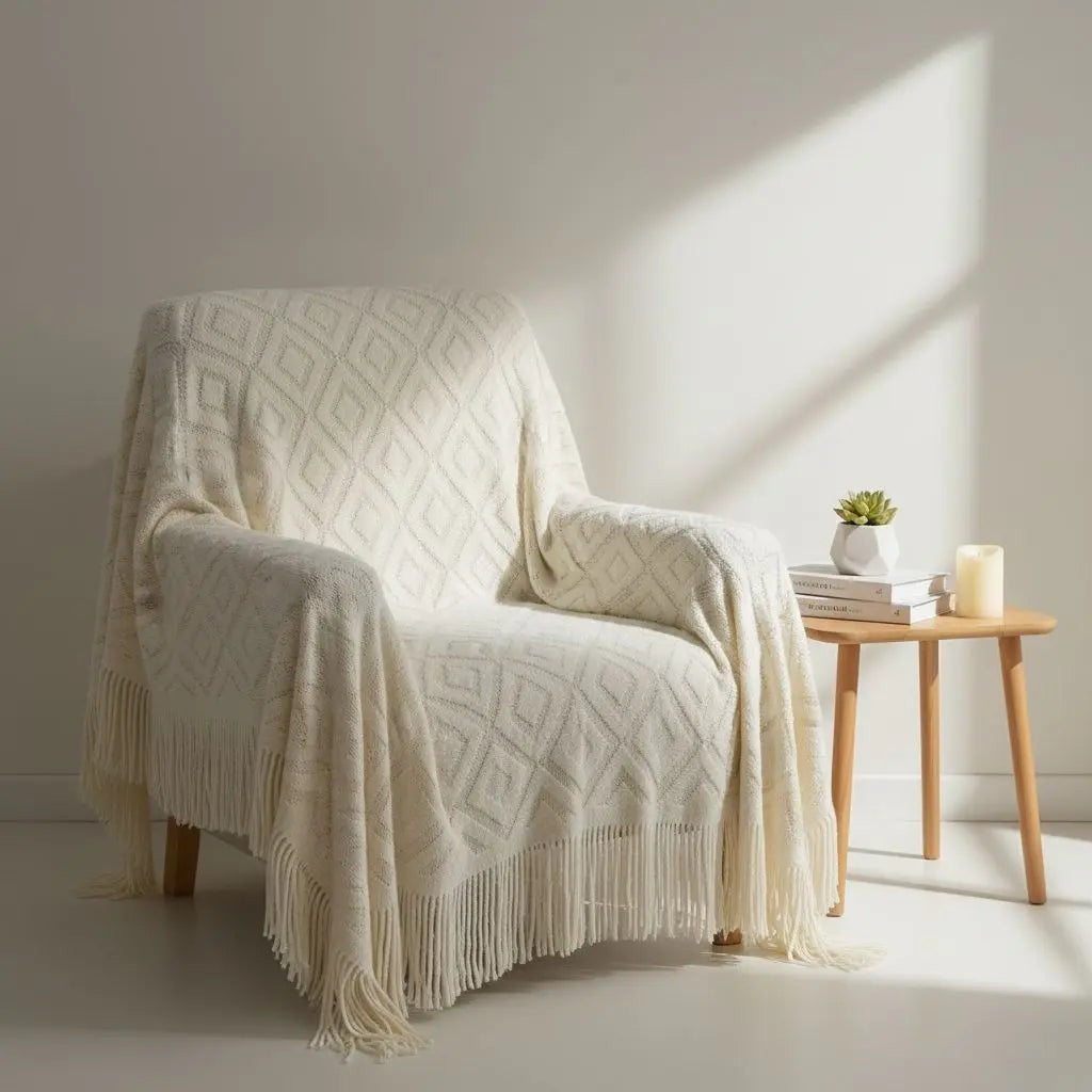 Jacquard knit throw blanket with textured pattern and fringe edges in neutral tone for home decor