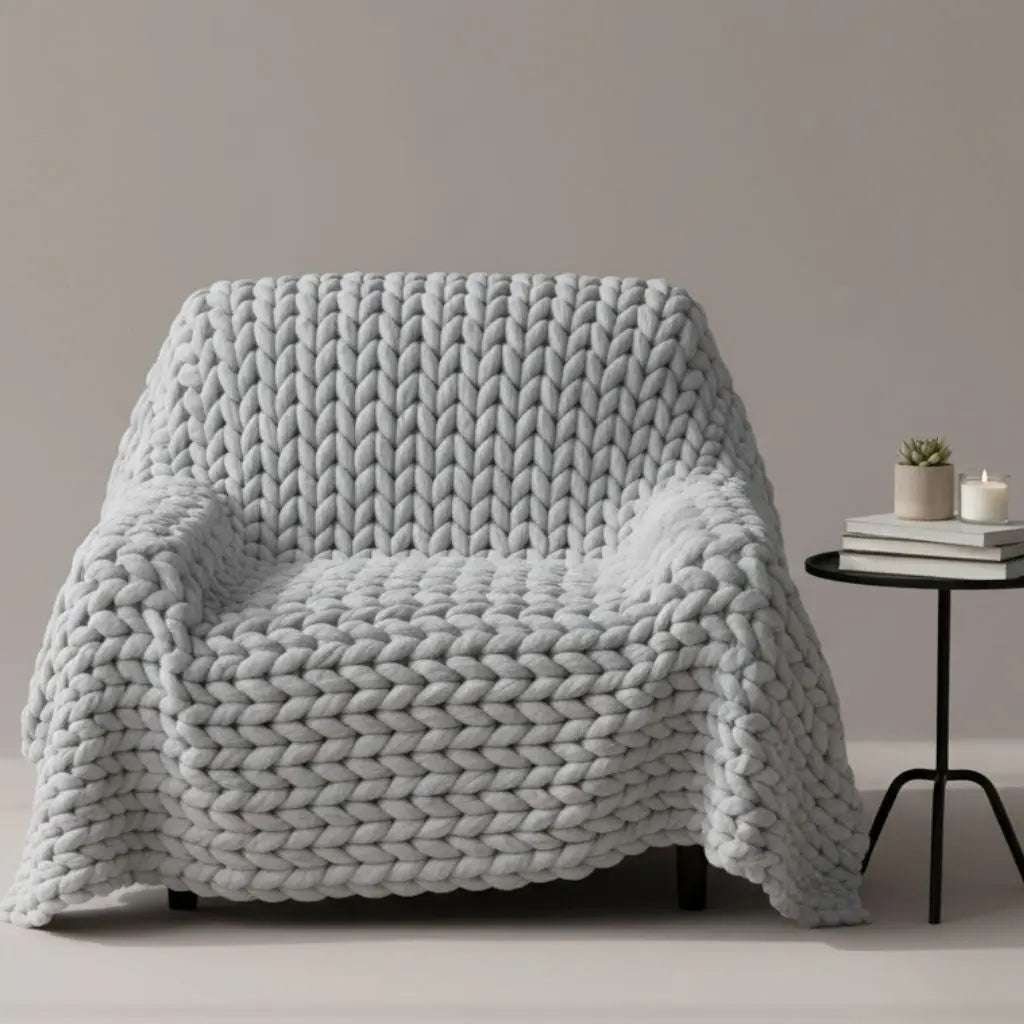 Double sided chunky knit throw displaying thick woven pattern and soft acrylic fabric texture