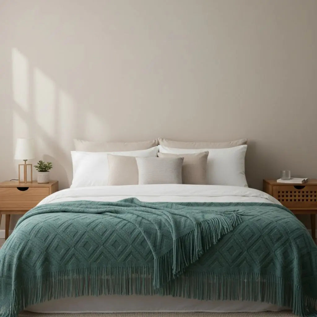 Durable acrylic fiber jacquard throw blanket with easy care properties and decorative fringe