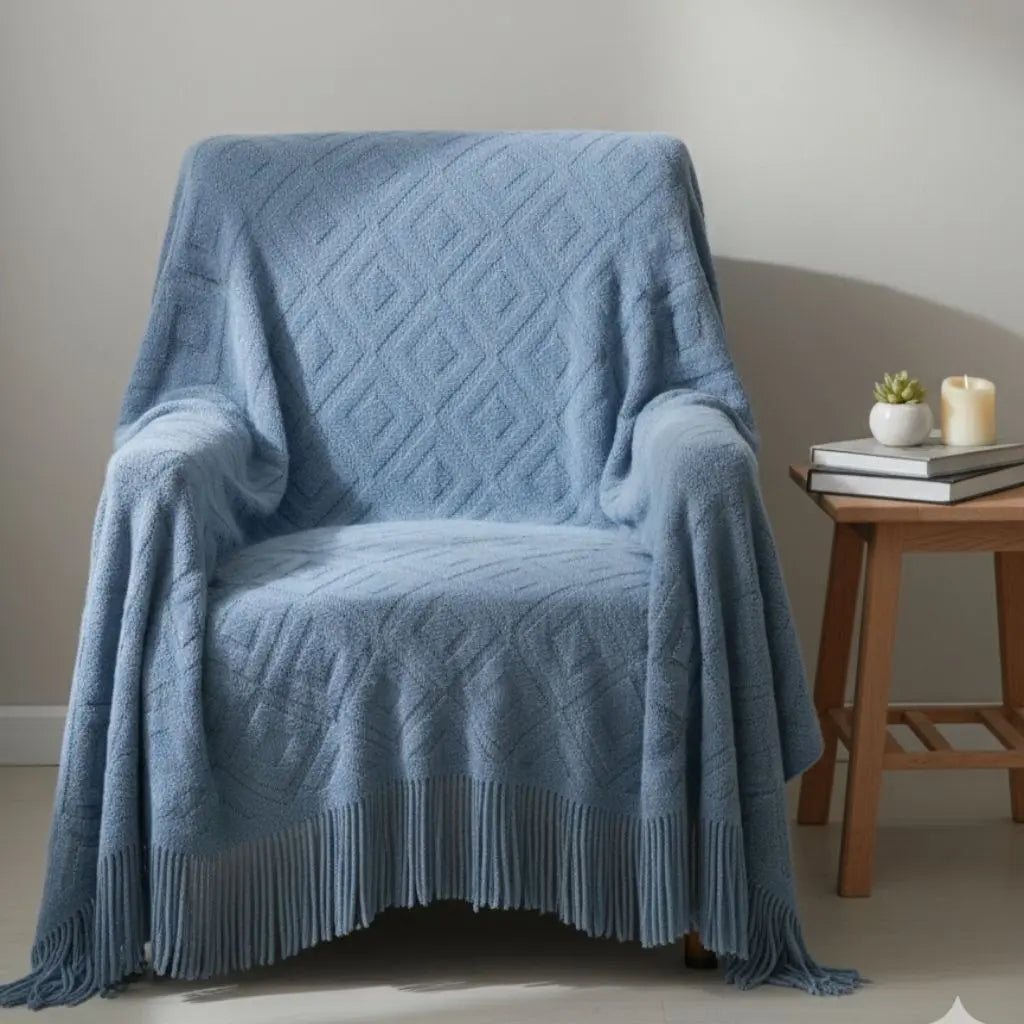 Textured jacquard knit throw with intricate woven pattern and neutral color for home styling