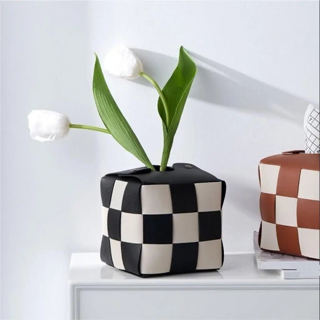 Woven cube design leather tissue holder with textured panels perfect for bathroom and office use