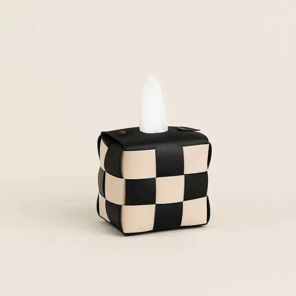Leather tissue box cover with checkered design and snap closure for home organization and decor
