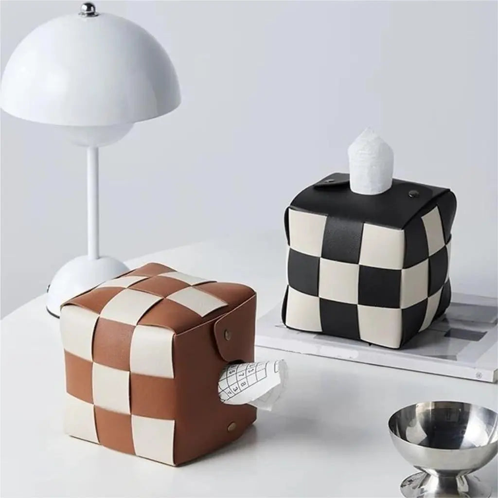Decorative checkered pattern tissue box storage ideal for desk accessories and square tissue boxes