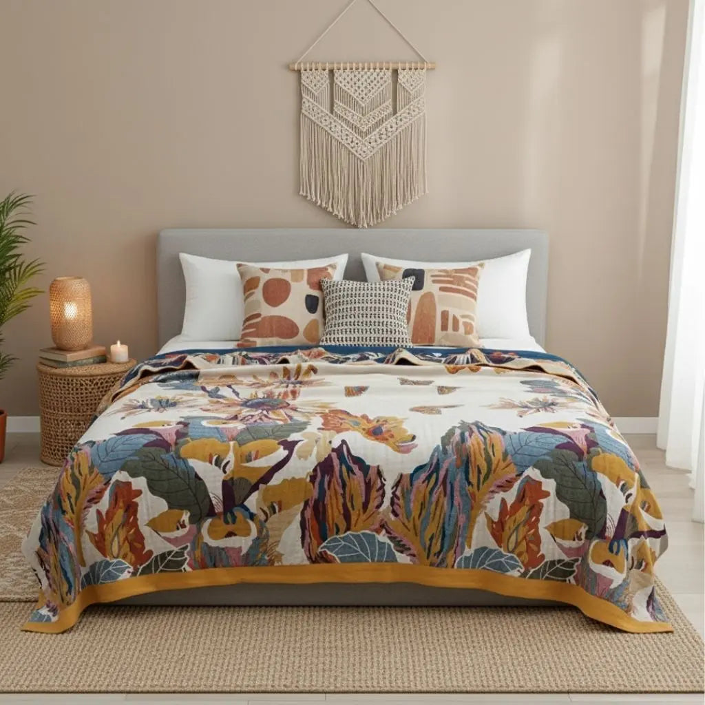 Cotton gauze quilt with vibrant botanical print and multi layer construction for breathable comfort