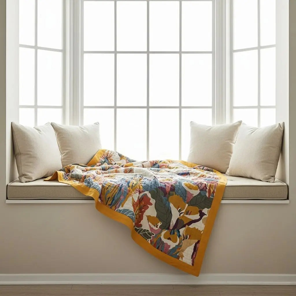 Floral print cotton quilt with colorful botanical design and nature inspired patterns