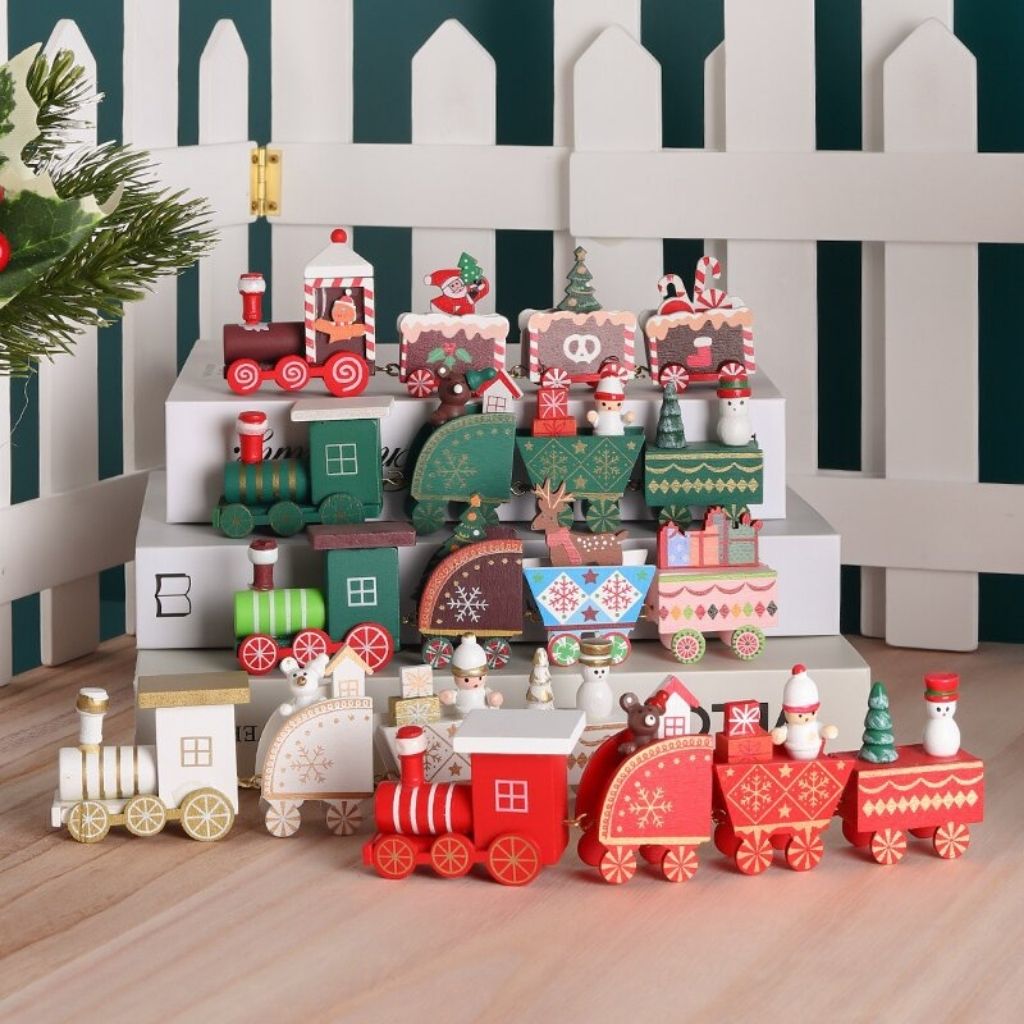 Wooden holiday train with hand painted festive carts perfect for Christmas table centerpiece display