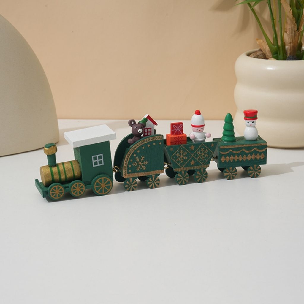 Wooden holiday train featuring hand painted carts with festive trees and gift box designs