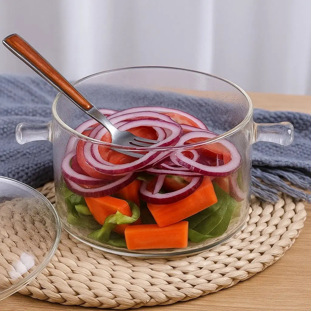 Heat resistant borosilicate glass pot with secure side handles, durable transparent cooking vessel