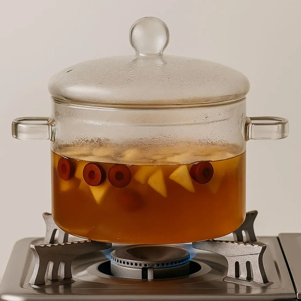 Clear borosilicate glass soup pot with ergonomic handles, thermal shock resistant cooking vessel