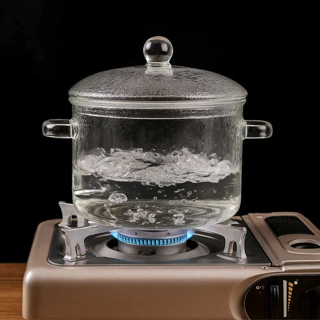 Glass cooking pot with matching lid, borosilicate kitchenware safe for stovetop use and high temperatures