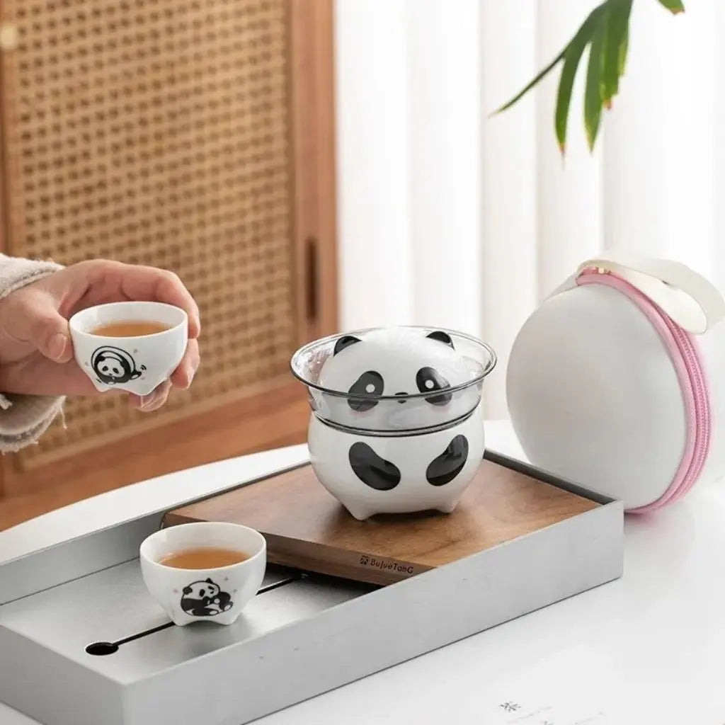 Kung fu tea ceremony set with panda ceramic teapot cups and portable travel case for authentic tea brewing