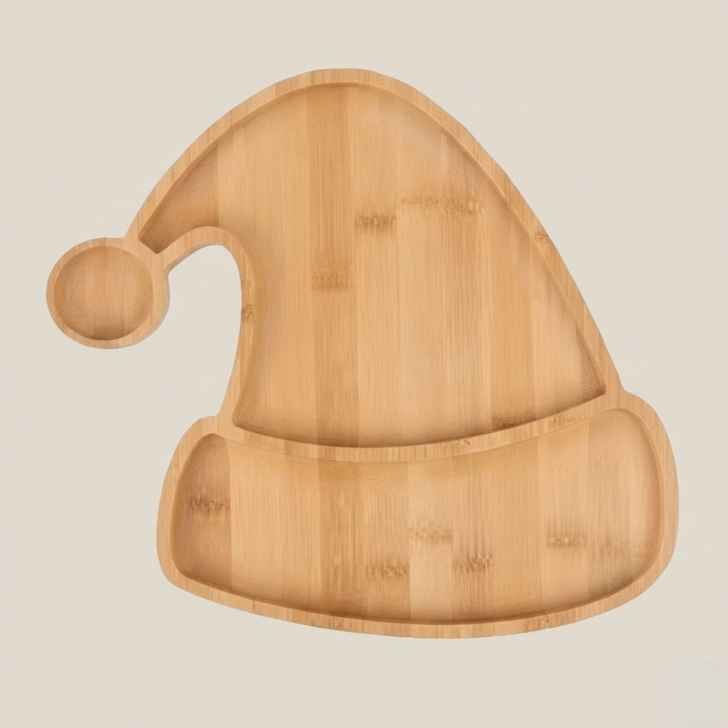 Wooden tray shaped like a festive hat with sectioned compartments, casual serving.